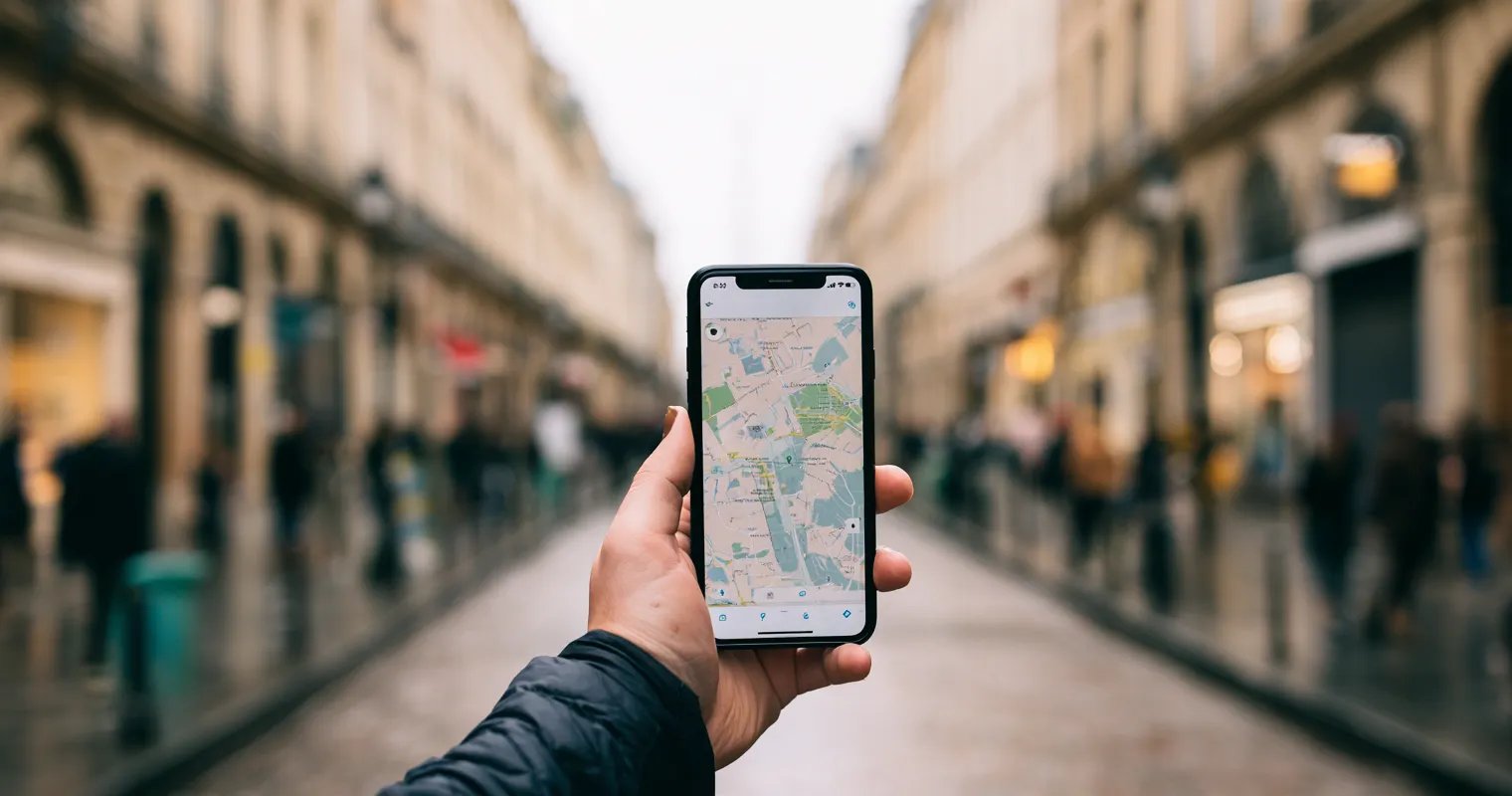 Une main tient un smartphone qui affiche un plan, au milieu d'une rue commerçante